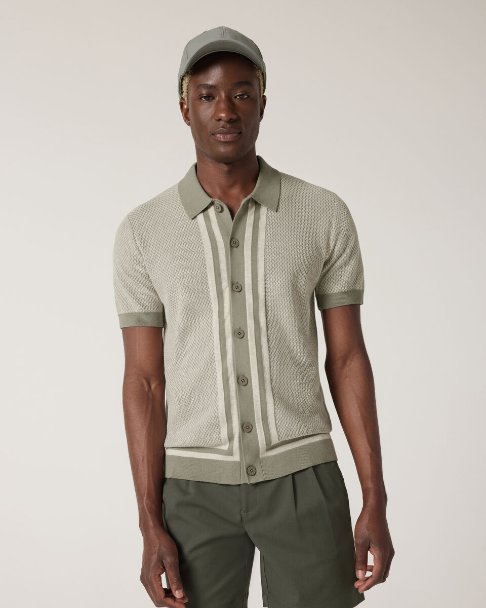 Panelled Short Sleeve Button Up Knit, Sage, hi-res